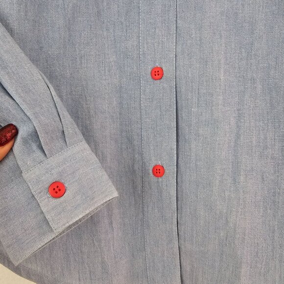 Womens Sz M/L P Blue Cotton Christmas Button Up Shirt Holidays Bells Festive - Picture 4 of 12